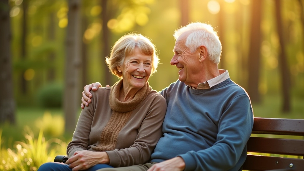 Smaidas senioru pāris noapaļošanas brīdī dabā