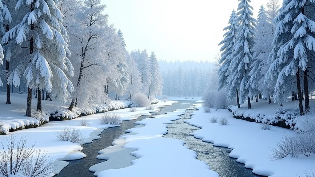 Ziemas ainava ar sniegu uz stāvkrastiem un upes tecējumu
